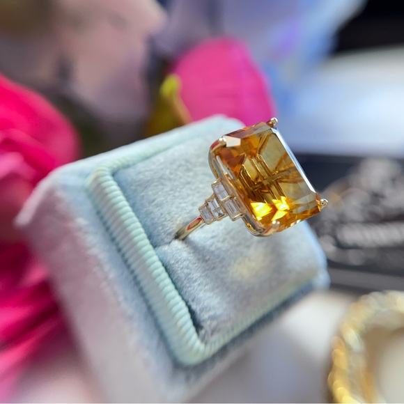 Large Citrine Emerald Cut Diamond Cocktail Ring 14k Yellow Gold - Picture 5 of 16